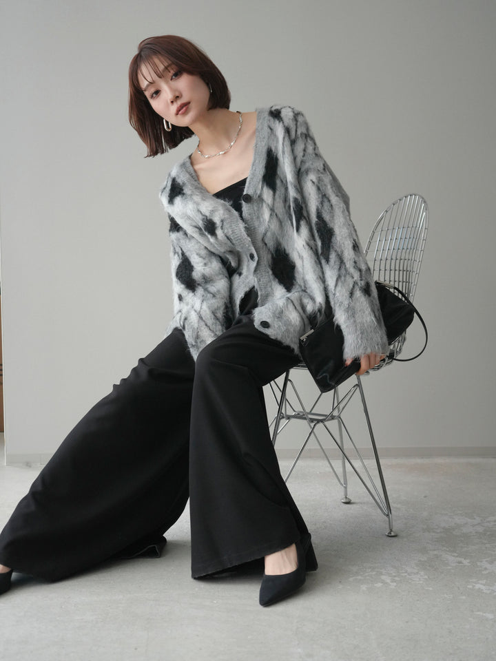 [予約]アーガイル柄シャギーニットカーディガン/gray