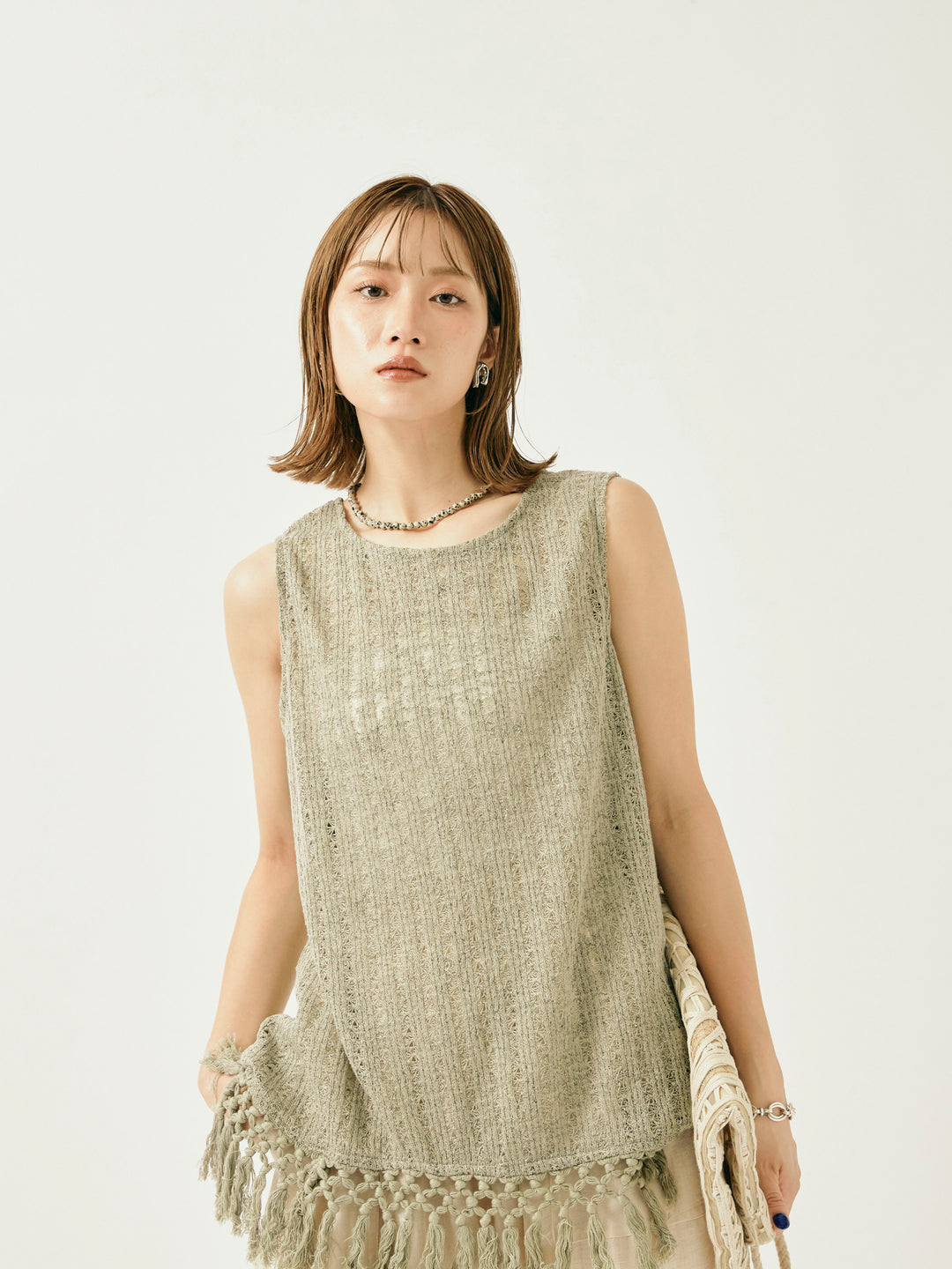 [予約]フリンジ透かし編みニットベスト/カーキ