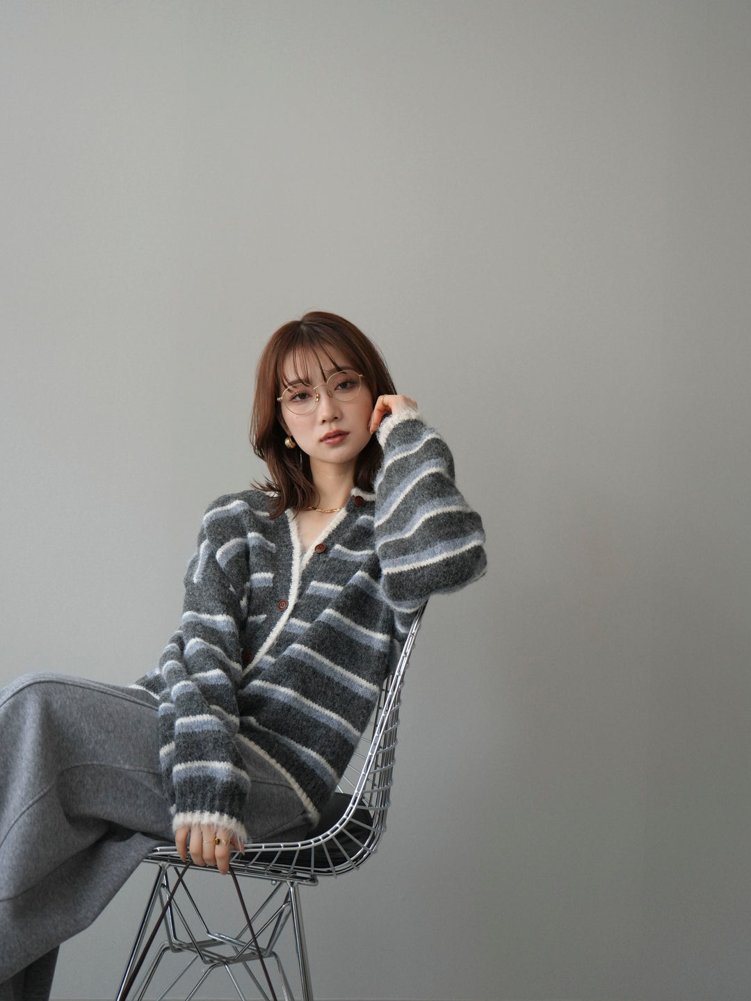 [予約]ウールタッチ配色ボーダーニットカーディガン/gray