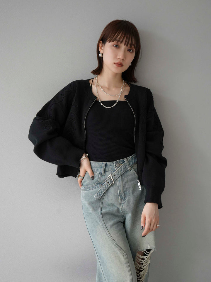 [SET]コード刺繍コットンニットジップカーディガン+ダブルストラップカットリブブラキャミソール+ベルトアシンメトリーダメージデニム(3set)