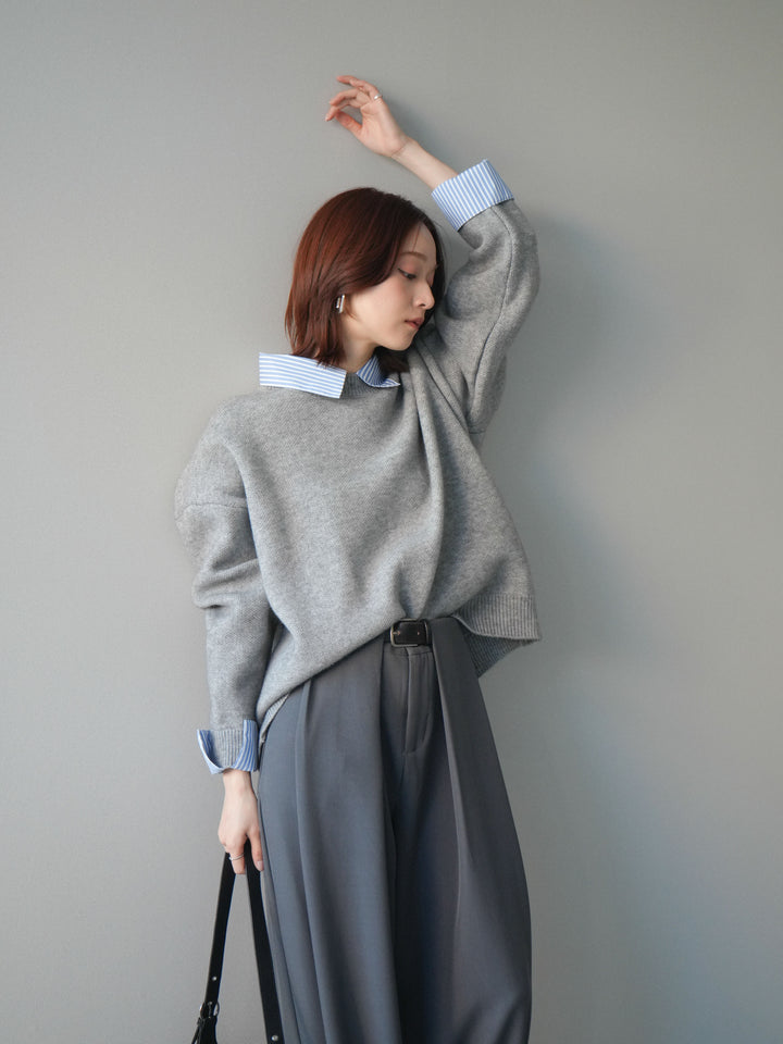 [SET]2WAYストライプ襟ニットプルオーバー+ベルトループデザインワイドパンツ(2set)