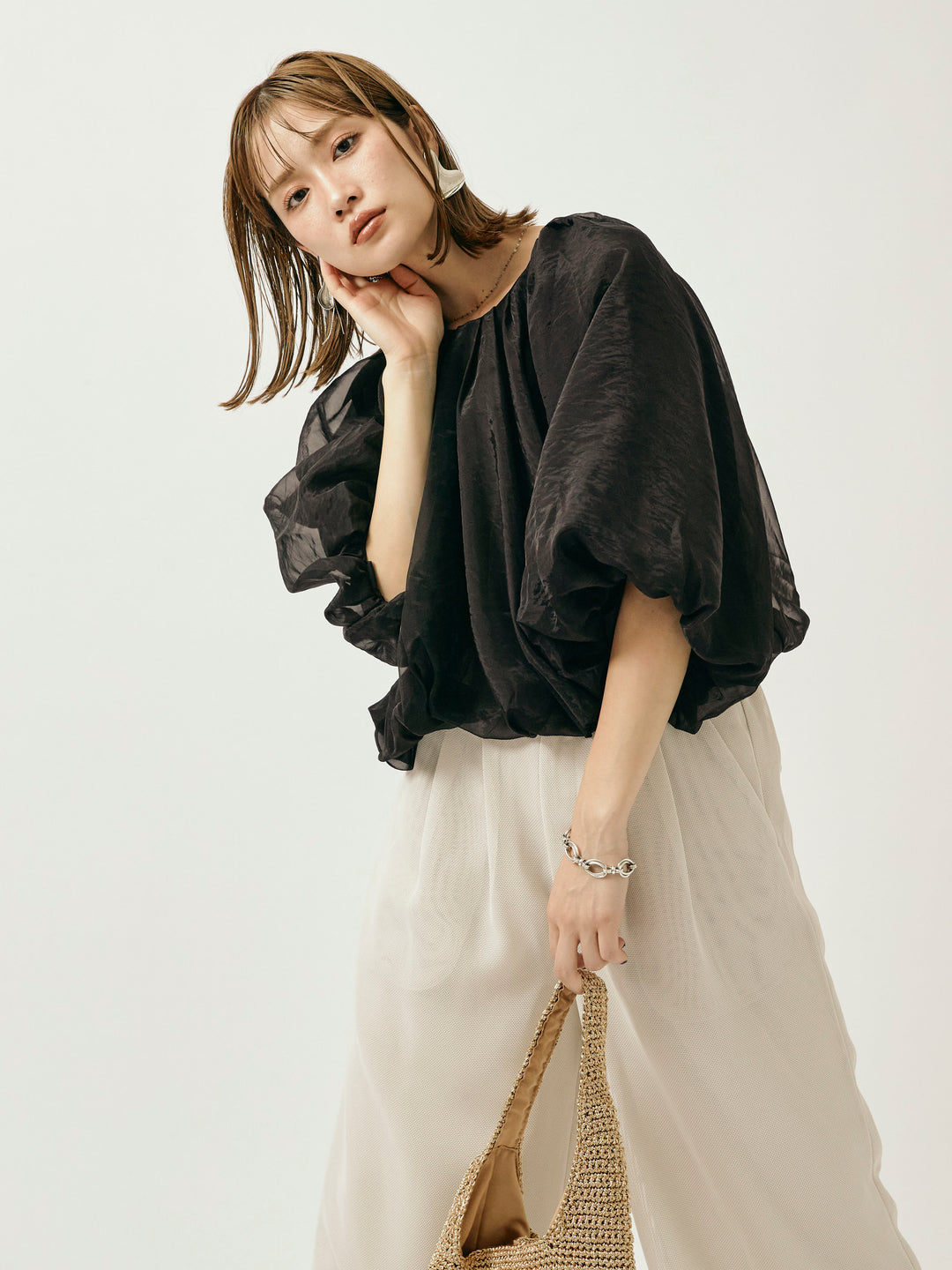 【Allure】[SET]オーガンジーバルーンショートブラウス+オーガンジーバルーンショートブラウス(2set)