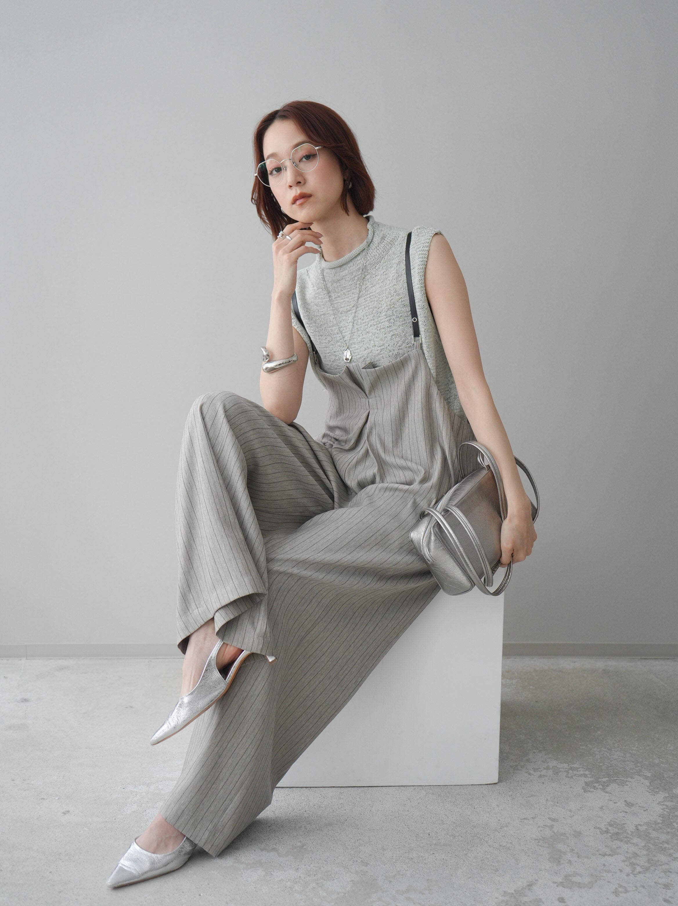 SET]ヘリンボーンストライプサロペット+ノースリーブリネンタッチ