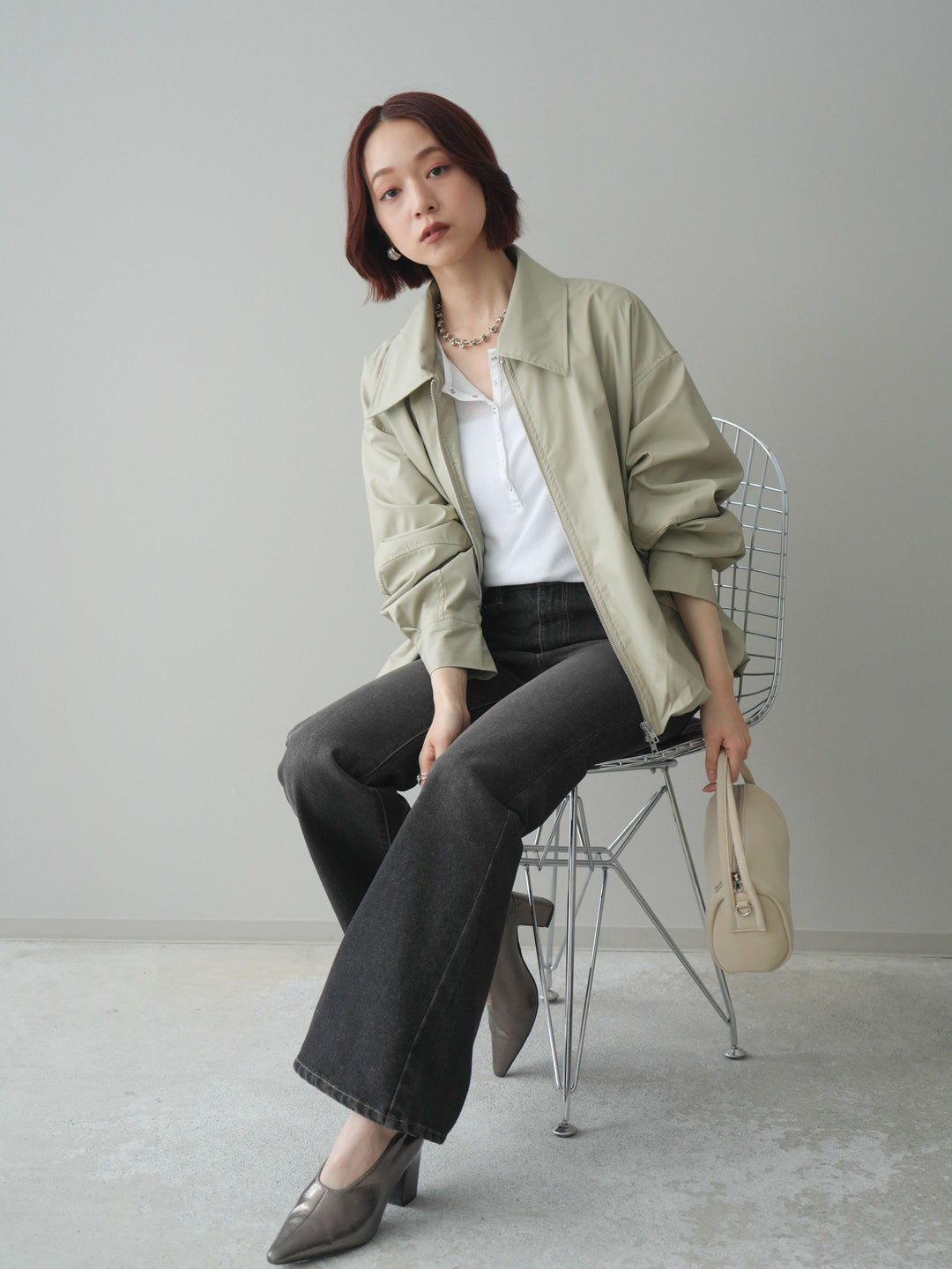 [予約]ウォッシャブルフェイクレザーバルーンジャケット/ecru