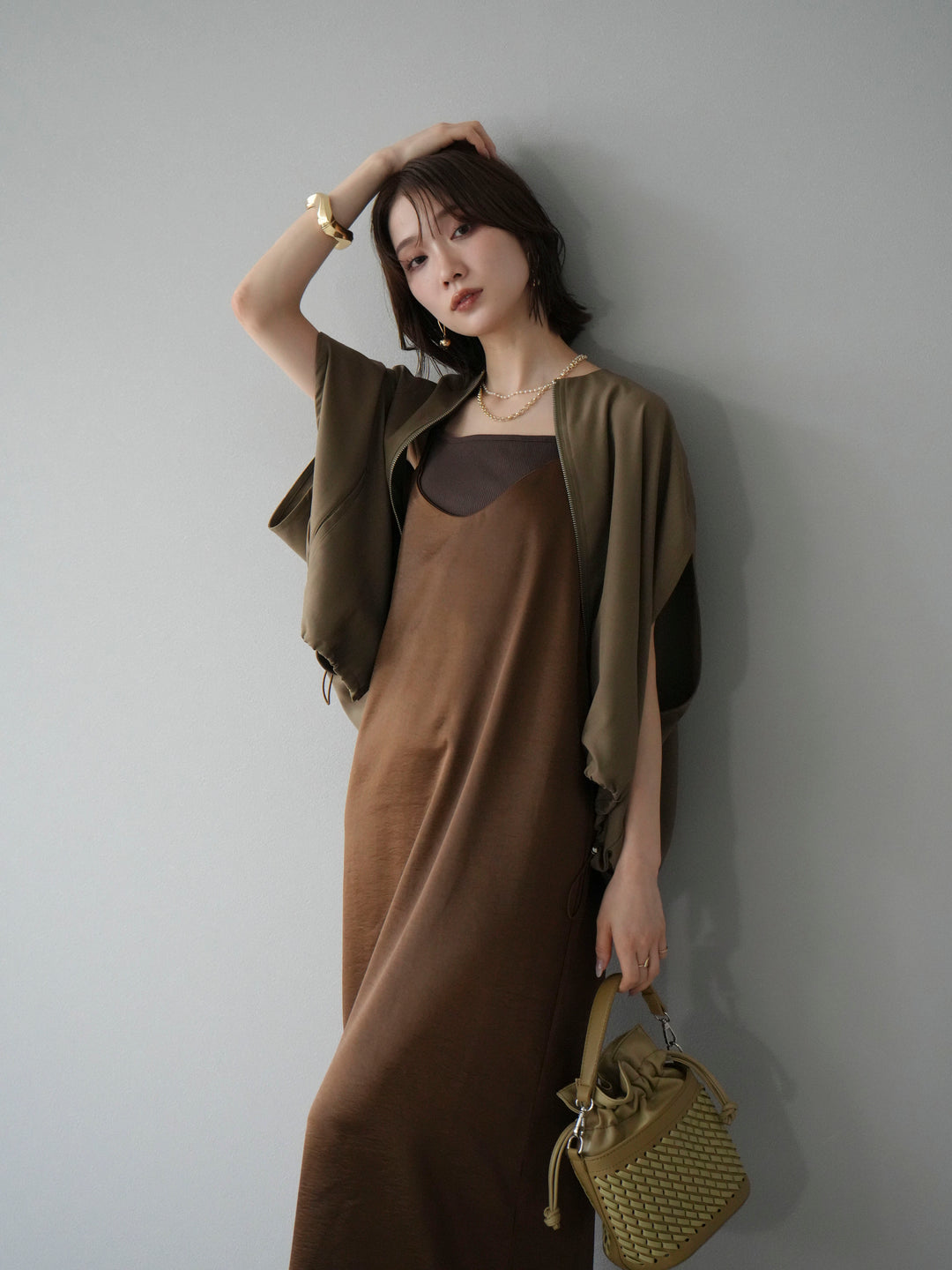 [予約]スリーブレスドロストZIPブルゾン/ブラウン