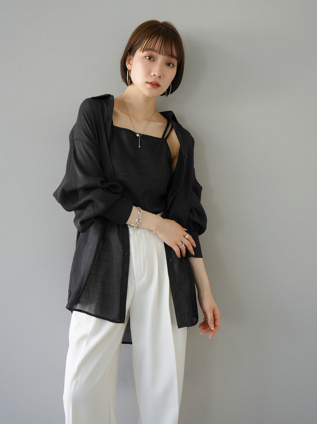 [予約]ボリュームスリーブシアーオーバーシャツ/ブラック