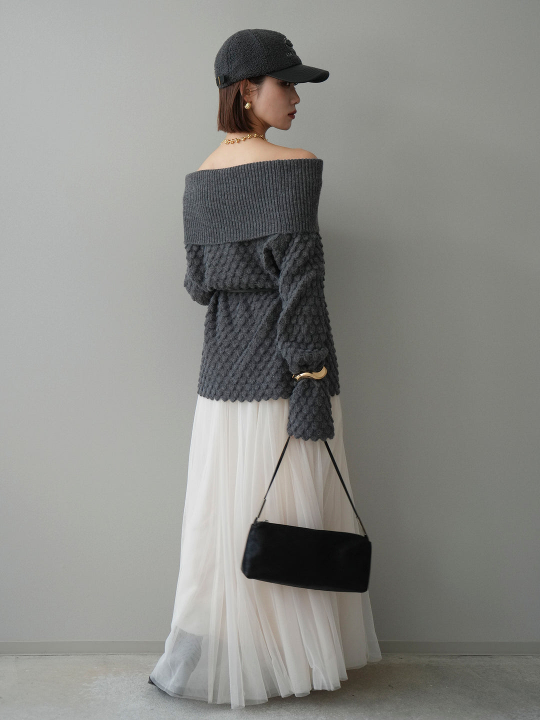 [SET]ポコポコ編みオフショルニットプルオーバー+チュールボリュームスカート(2set)
