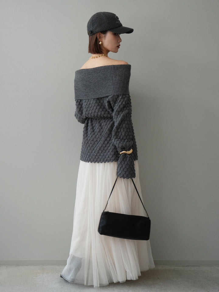 [SET]ポコポコ編みオフショルニットプルオーバー+チュールボリュームスカート(2set)