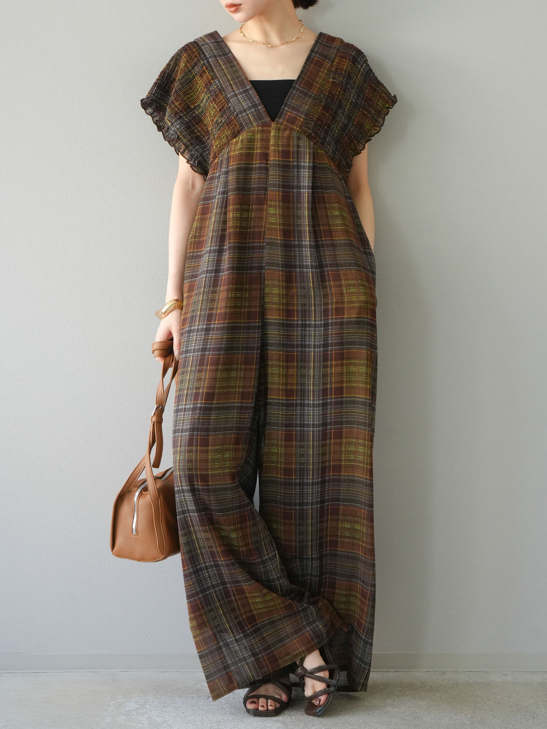 [套裝] 透視格紋褶皺背帶褲 + 配件套裝（2 套）