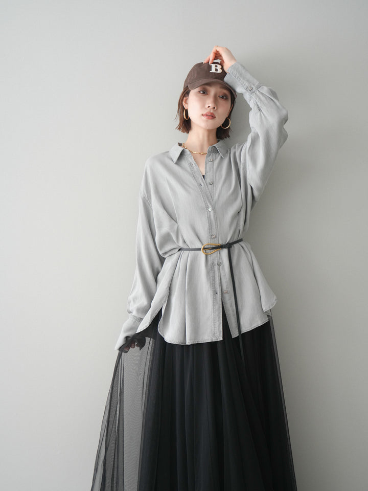 [SET]テンセルデニムタックシャツ+チュールボリュームスカート(2set)