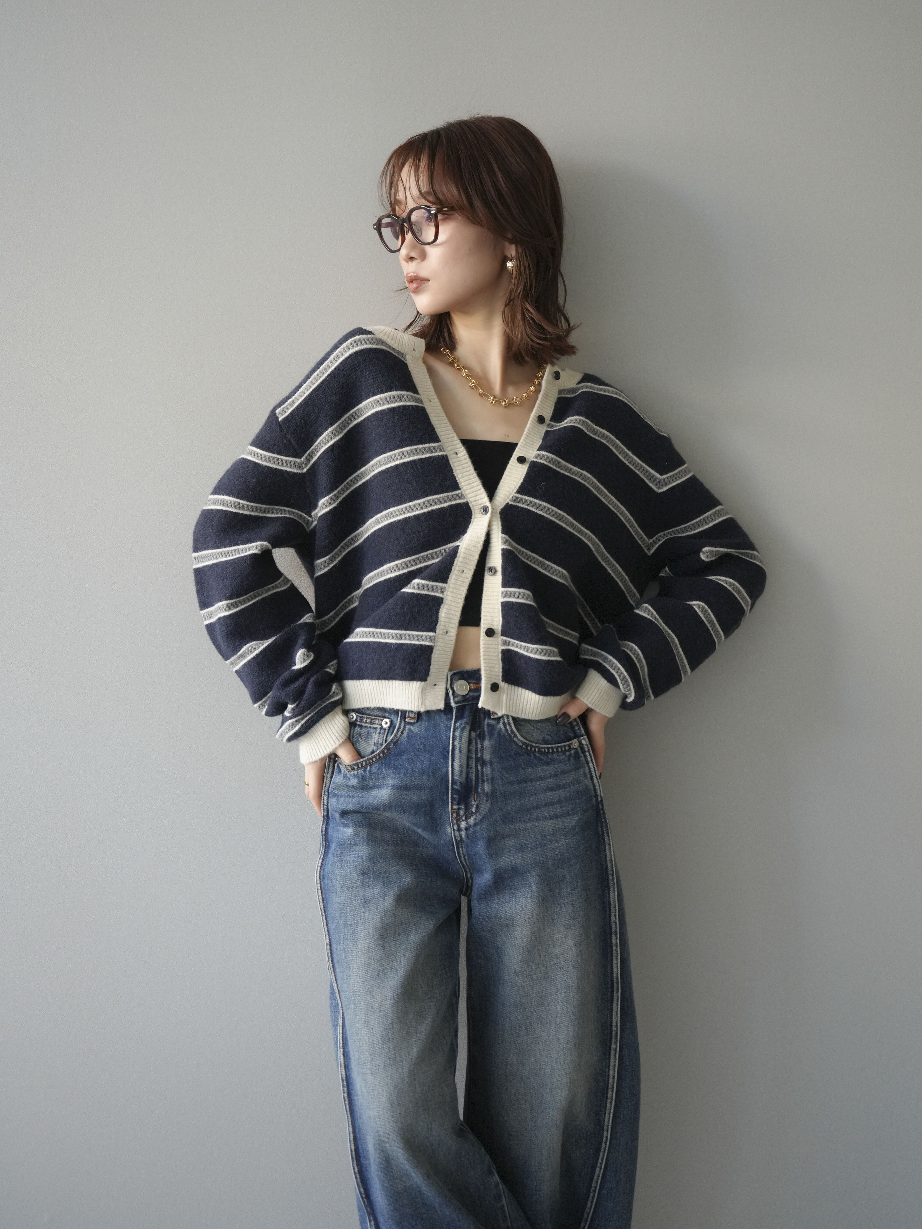予約]配色ボーダーニットカーディガン/navy – Lumier