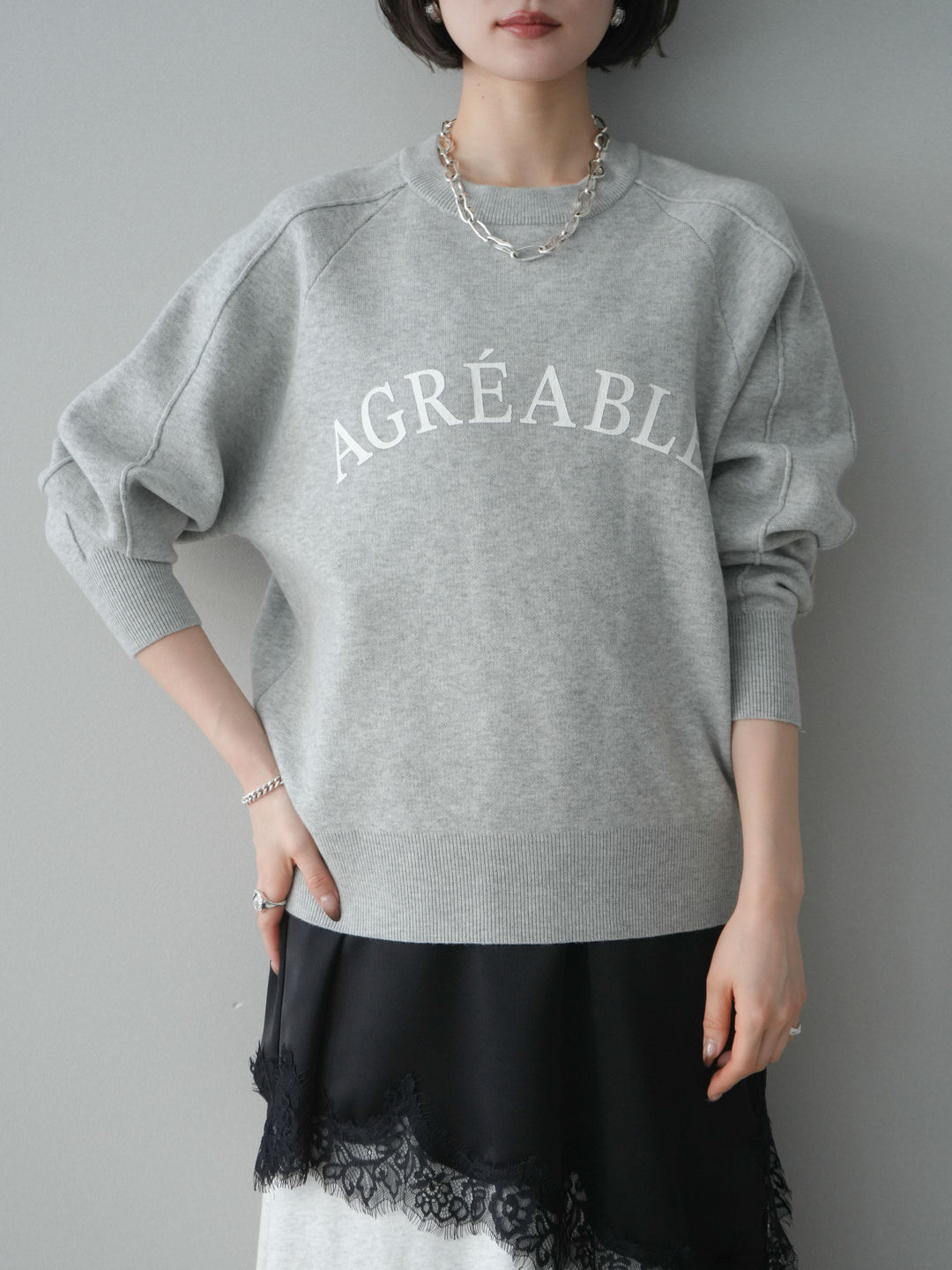 [予約]半ラバープリントロゴスウェットライクニットプルオーバー/mokugray