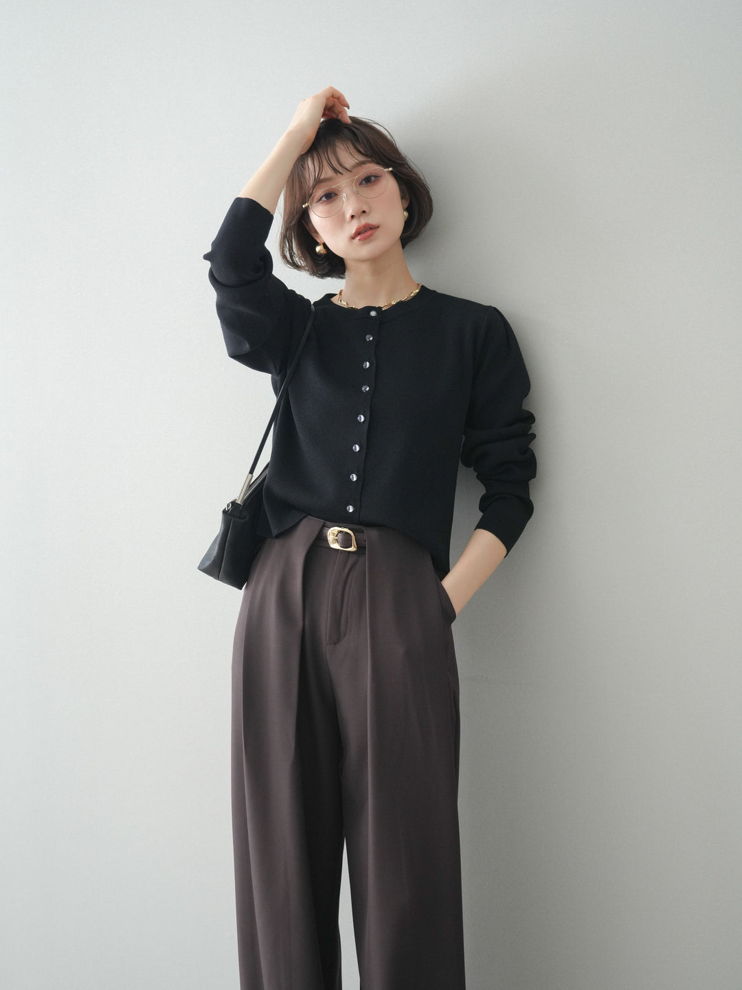 [SET]クリアボタンタックニットカーディガン+ベルトループデザインワイドパンツ(2set)