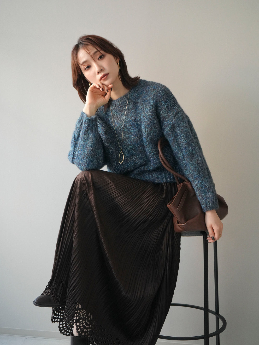 [予約]ワイドケーブルミックスニットプルオーバー/blue