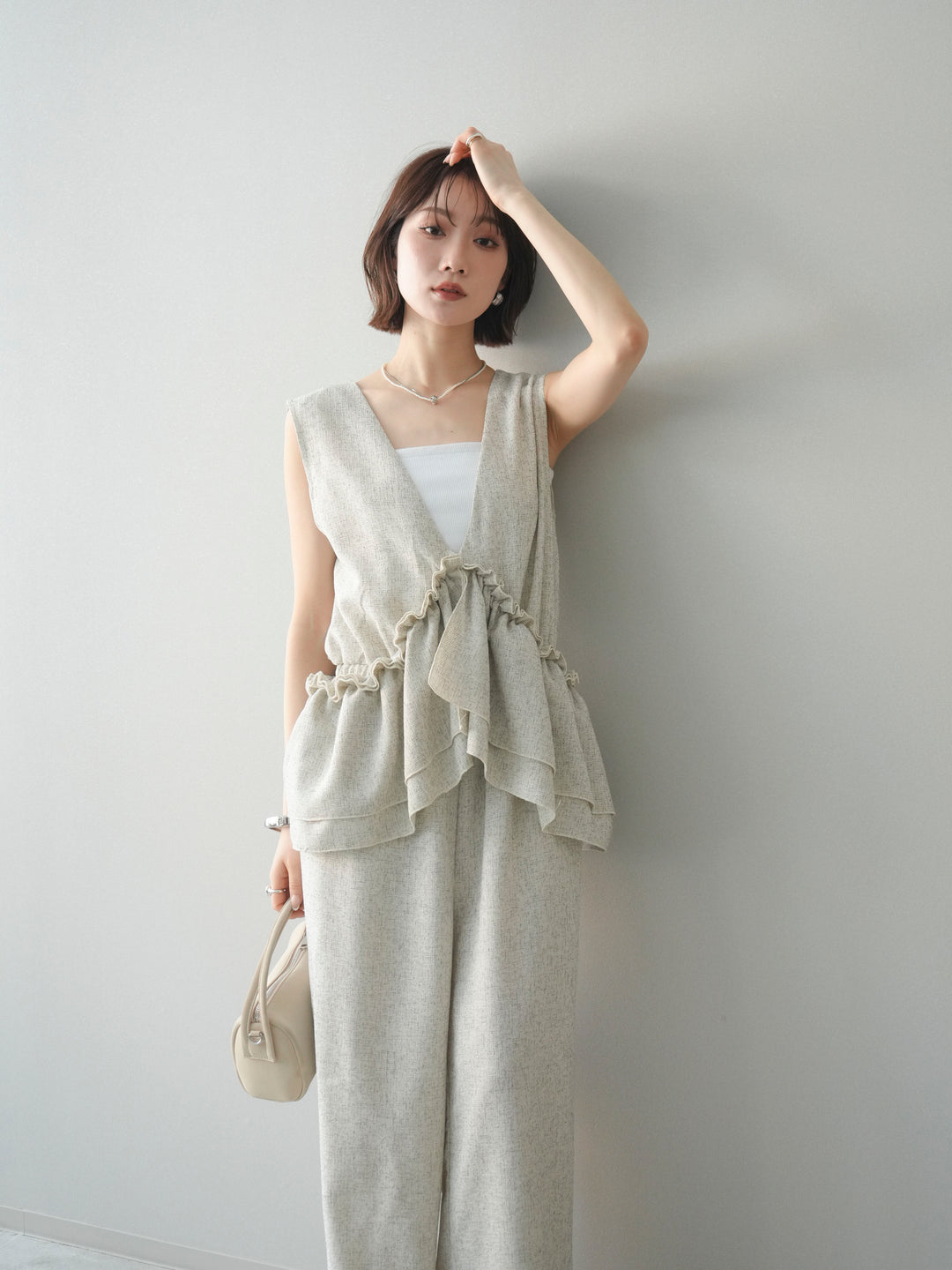 [SET]3WAYミックスツイードギャザーオールインワン+選べるアクセセット(2set)