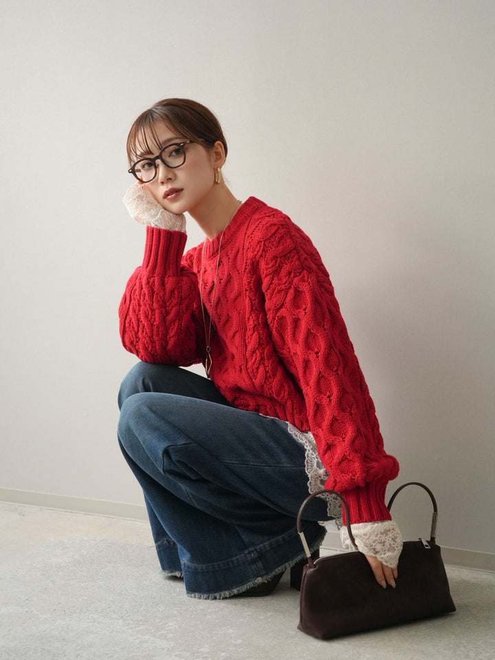 [予約]バルキーケーブルクロップドニットプルオーバー/red