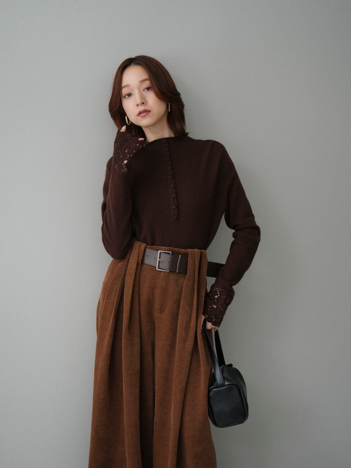 [SET]袖スカラップレースフロントボタンウールニットトップス+ベルトデザインループコールテンワイドパンツ(ベルト付き)(2set)