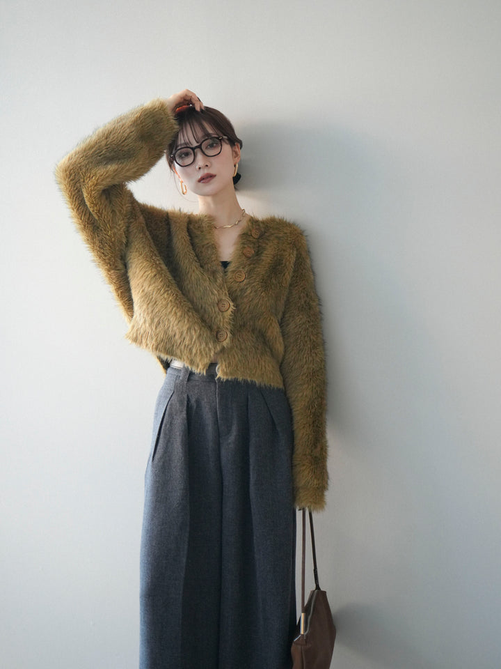 [予約]ミックスシャギーショートニットカーディガン/green