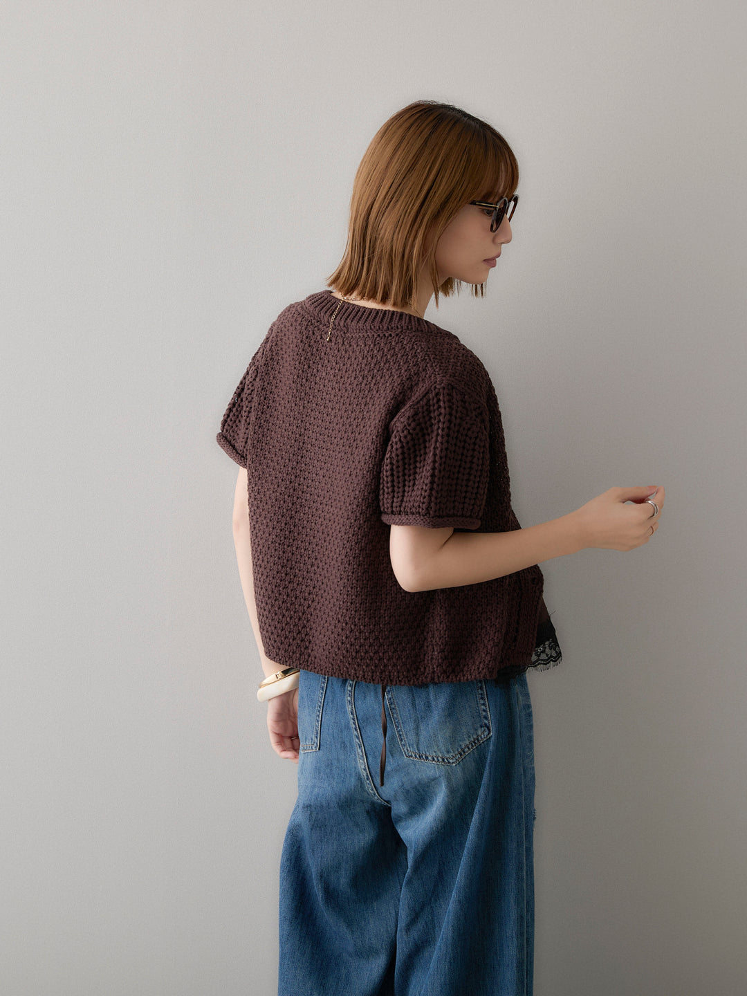 [予約]ローゲージハーフニットカーディガン/brown