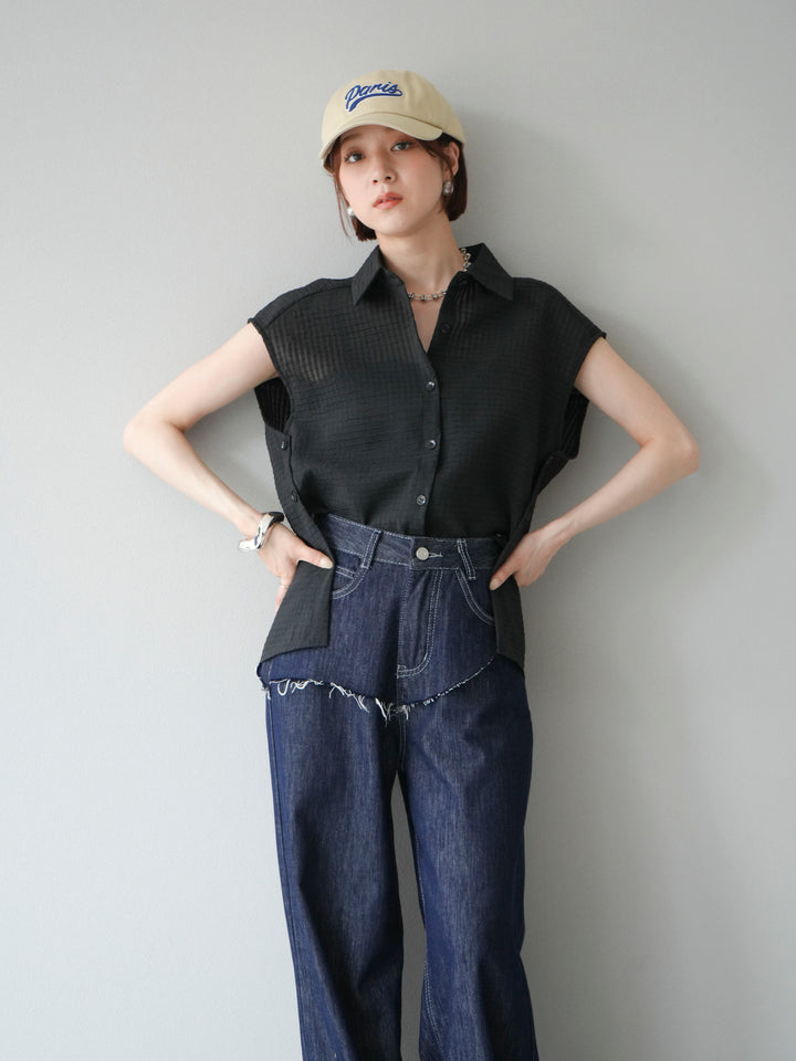 [SET] 透視格紋無袖襯衫 + 臀部設計牛仔褲（2 套）