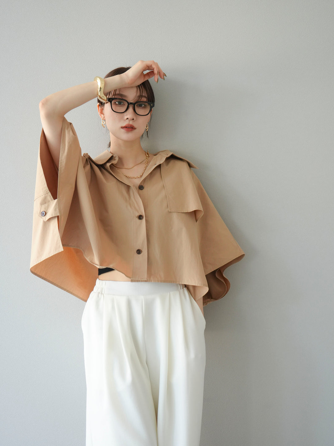 [SET]ポンチョショートシャツ+リネンライクイージーワイドパンツ(2set)