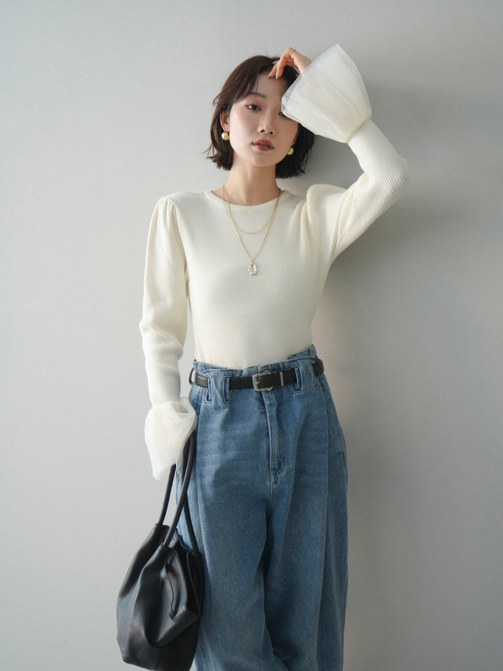 [SET]袖チュールパワショルリブニットトップス+袖チュールパワショルリブニットトップス(2set)