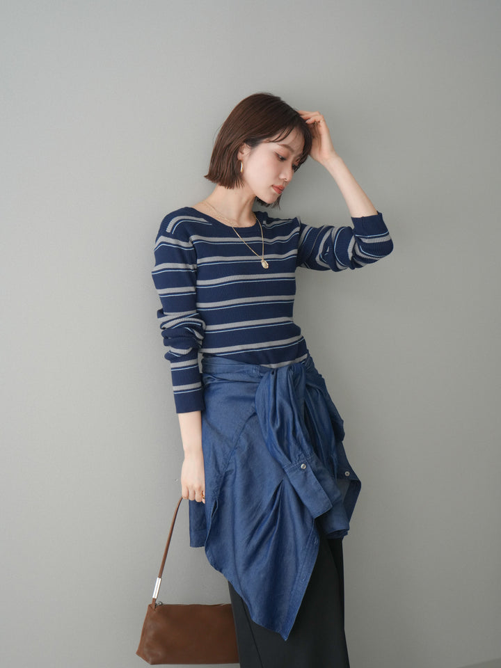 [予約]バックオープンテレコリブマルチボーダートップス/navy