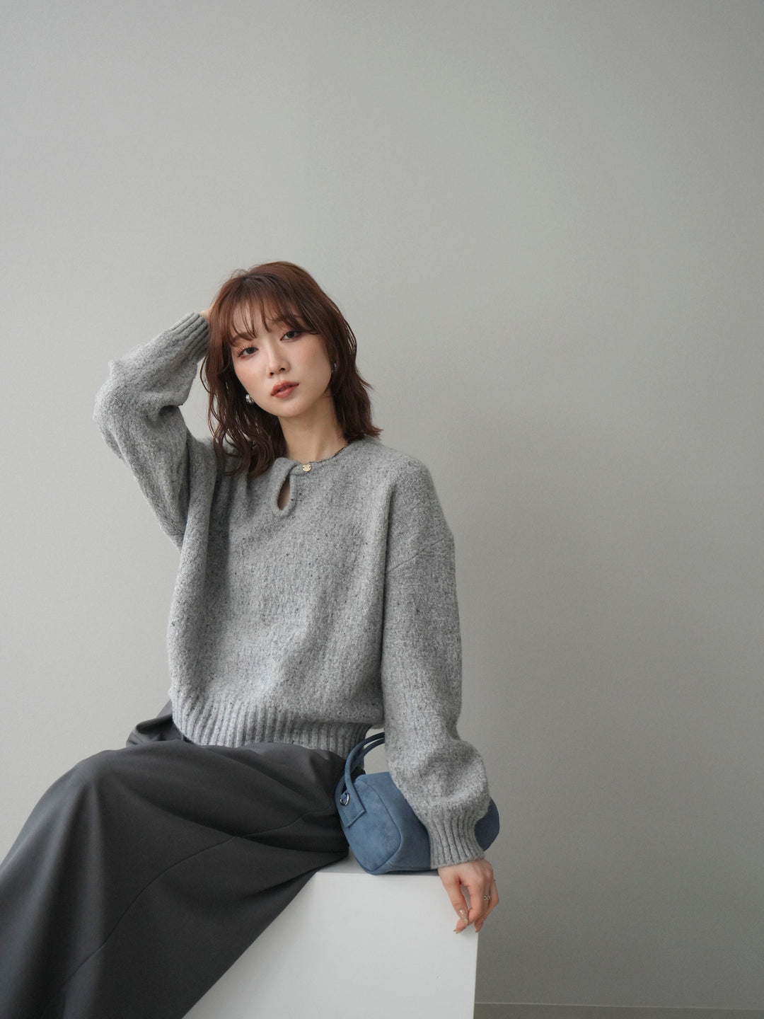 [予約]ツイストネックラメネップヤーンニットプルオーバー/gray