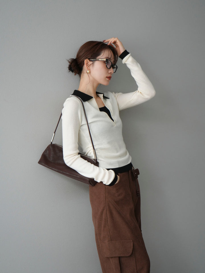 [予約]レイヤード配色ポロニットトップス/beige