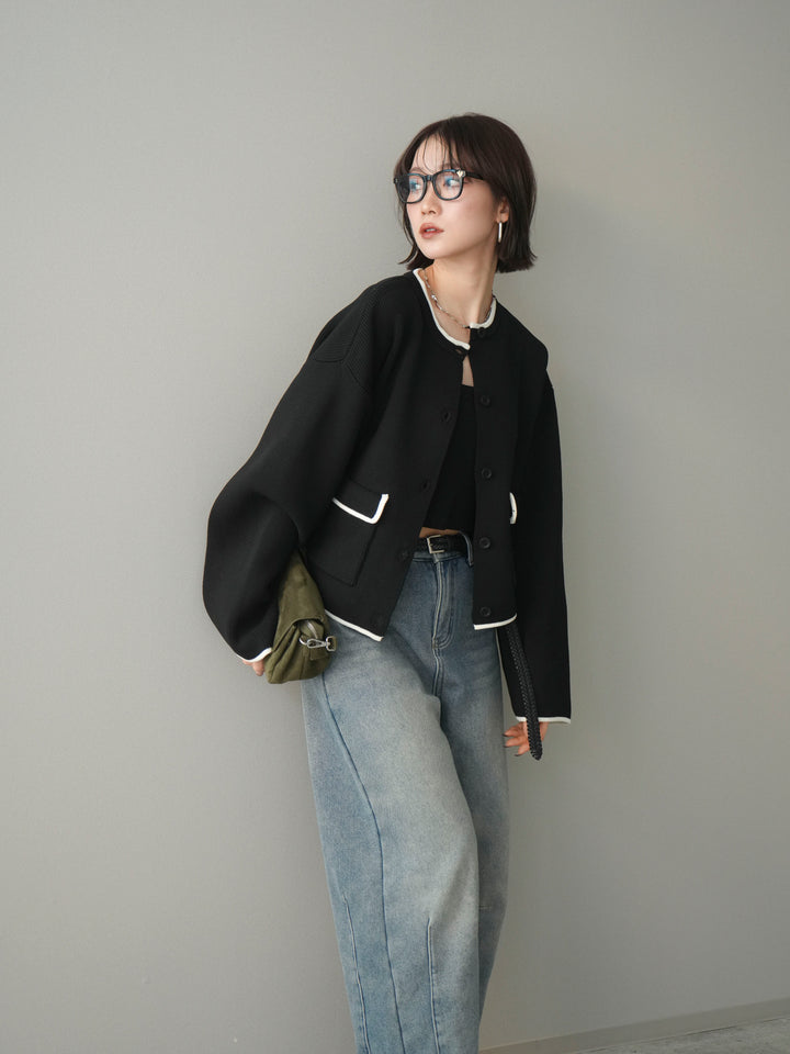 [SET]ポリエステル配色ニットカーディガン+裏起毛カットオフカーブデニムパンツ(2set)