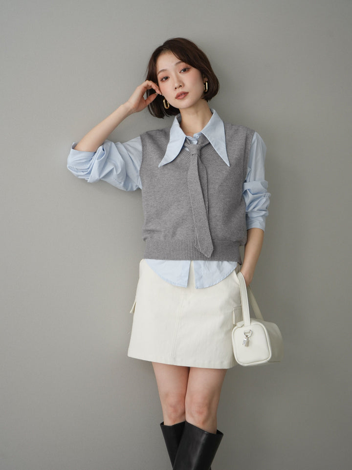 【套裝】蝴蝶結針織背心套裝襯衫+繫帶工裝迷你裙（兩件組）