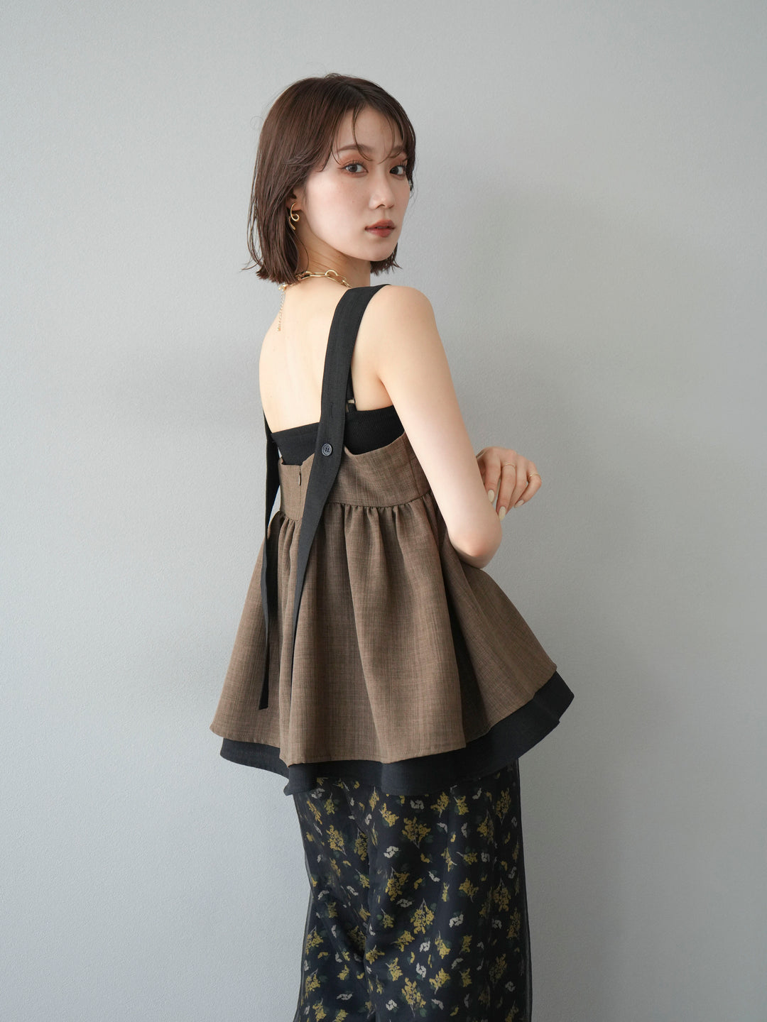 [SET]リネンライク配色フレアタンクトップ+ブーケプリントタックパンツ(2set)