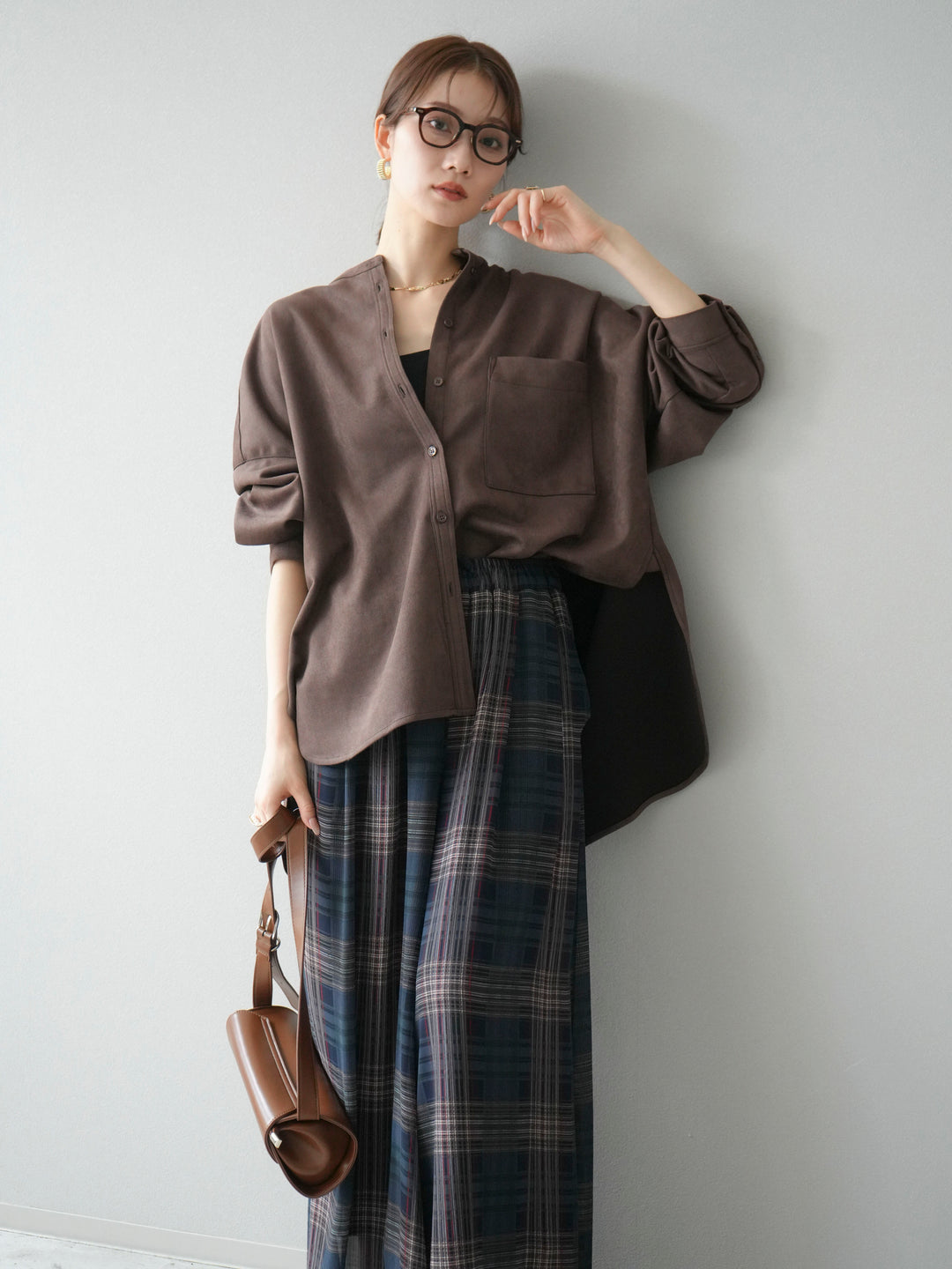 [SET]スエードバンドカラーオーバーシャツ+シアーチェックバギーパンツ(2set)