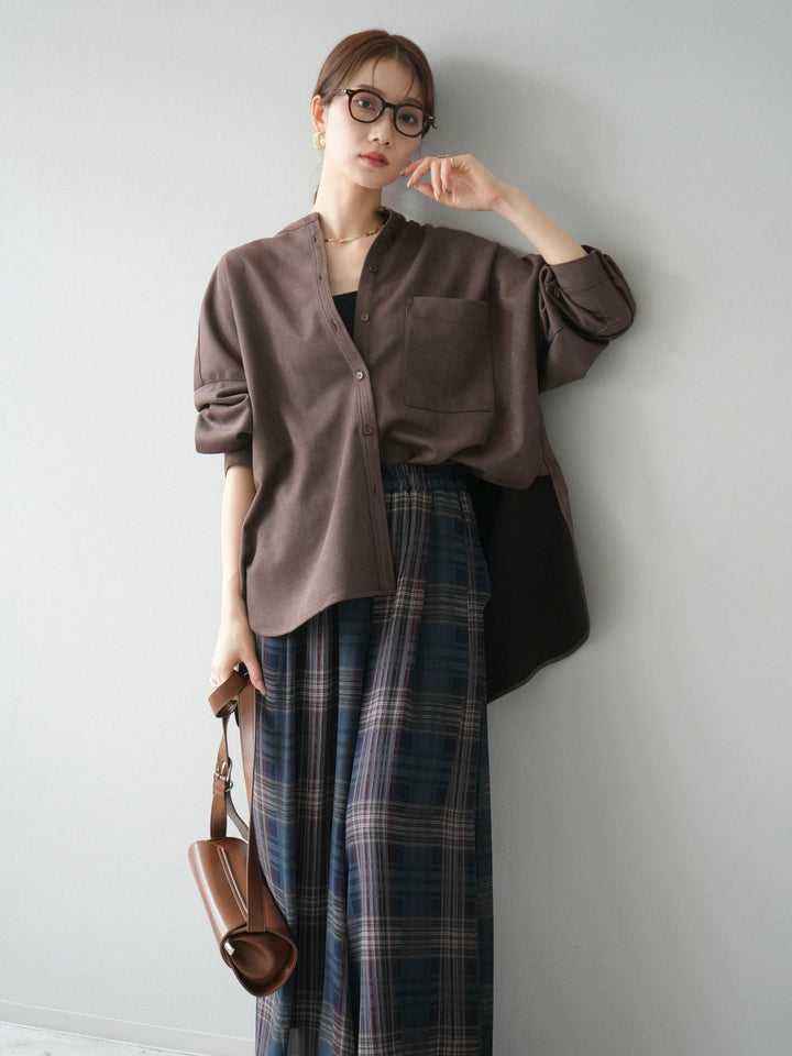 [SET]スエードバンドカラーオーバーシャツ+シアーチェックバギーパンツ(2set)