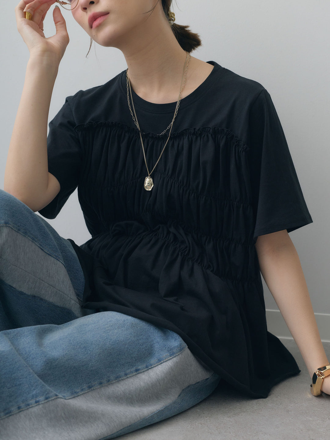 [SET]クールタッチシャーリングTEE+デニム切替スウェットパンツ(2set)