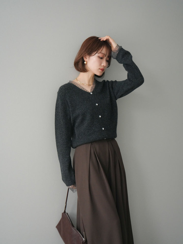 [SET]ドットチュールレイヤードボタンニットトップス+テープベルトタックバギーパンツ(2set)