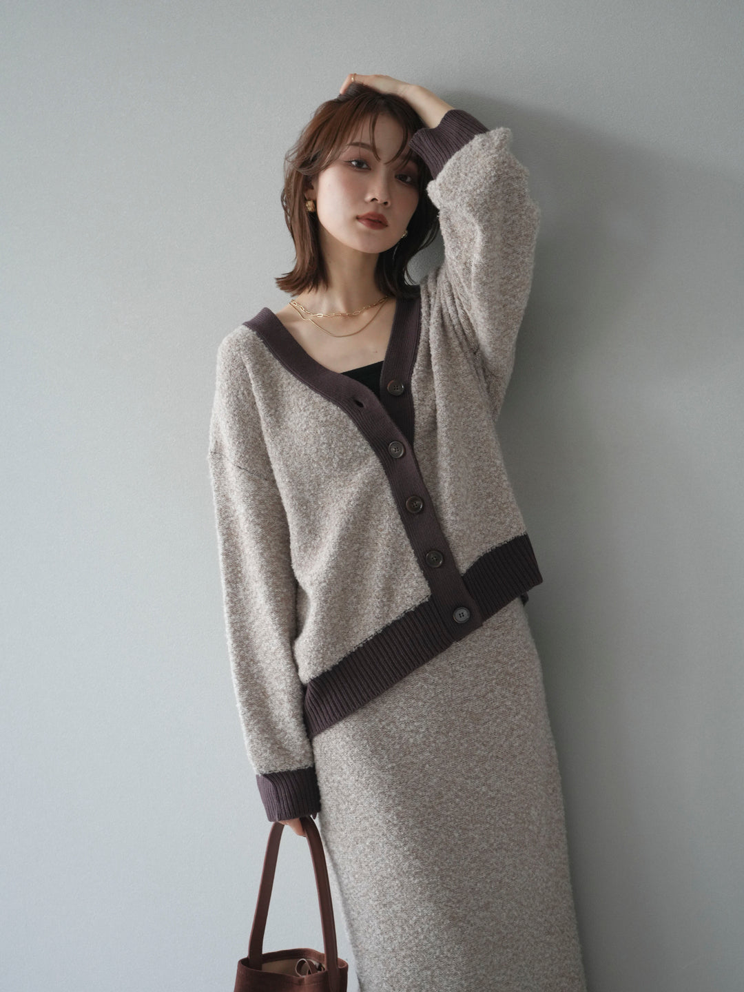 [予約]ブークレバイカラーニットカーディガン/beige