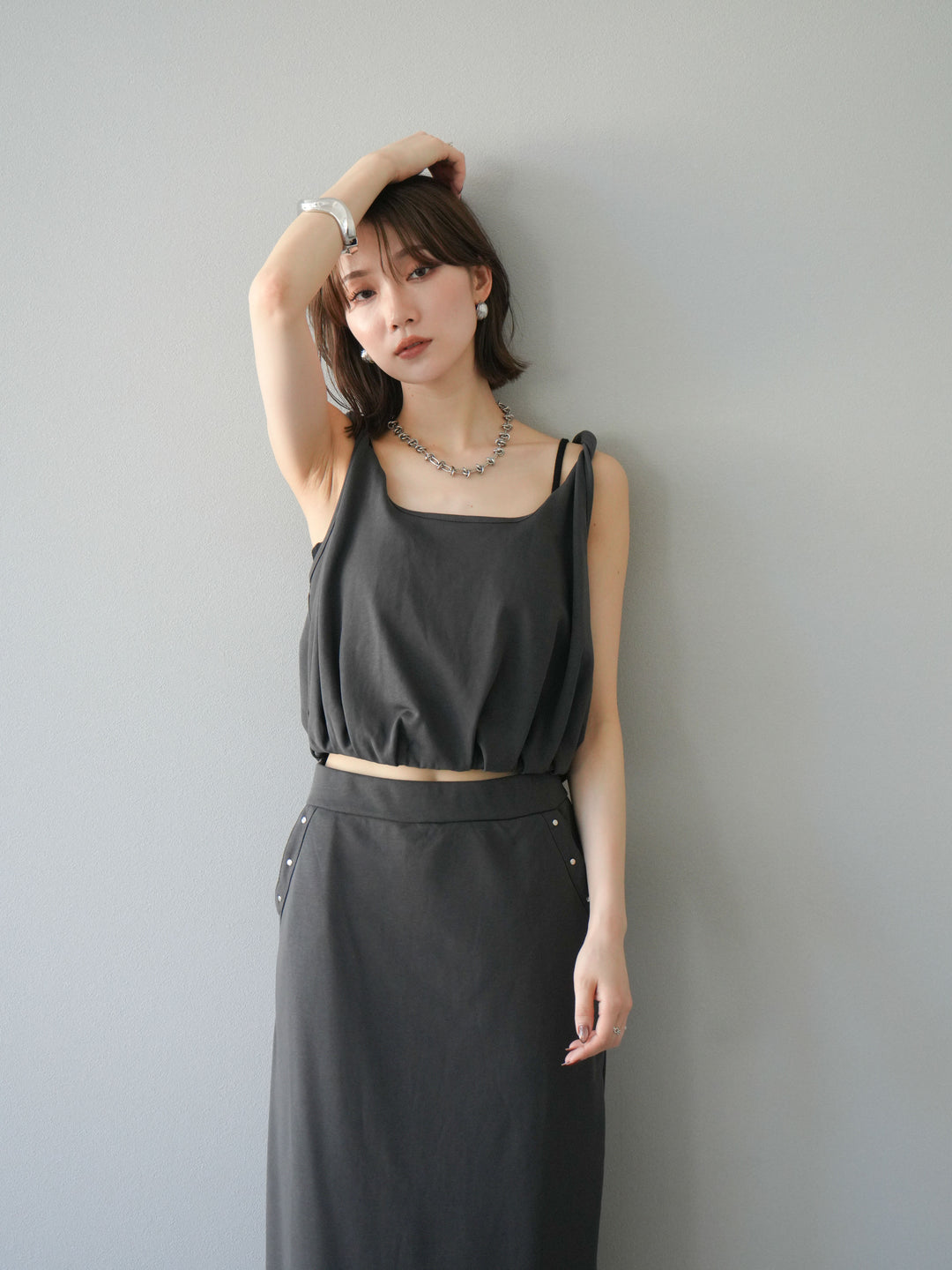 [SET]ミニ裏毛ツイストキャミバルーントップス＆Iラインスカート(2set)