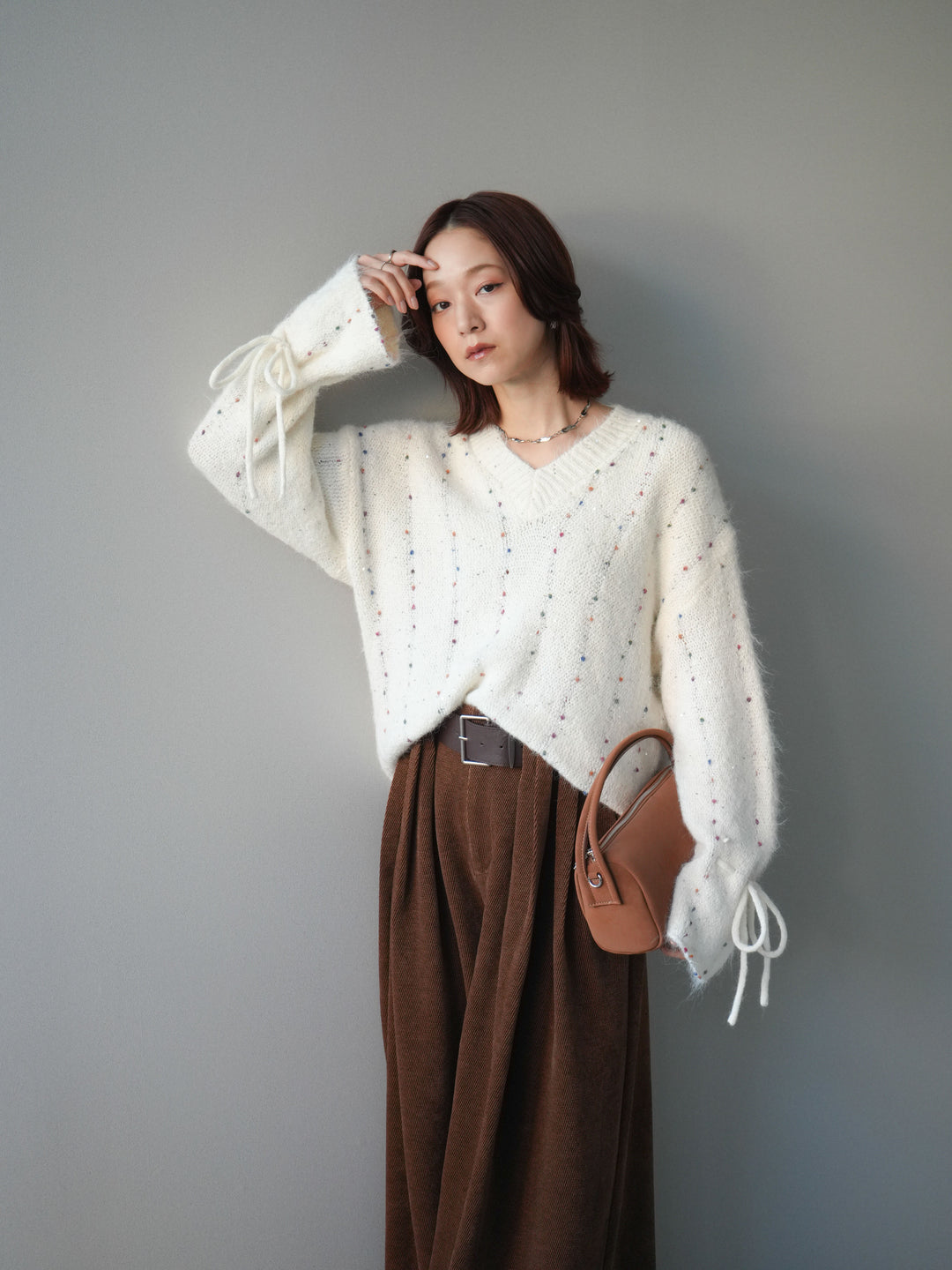 [SET]キャンディースリーブカラーネップスパンコールニットプルオーバー+ベルトデザインループコールテンワイドパンツ(ベルト付き)(2set)