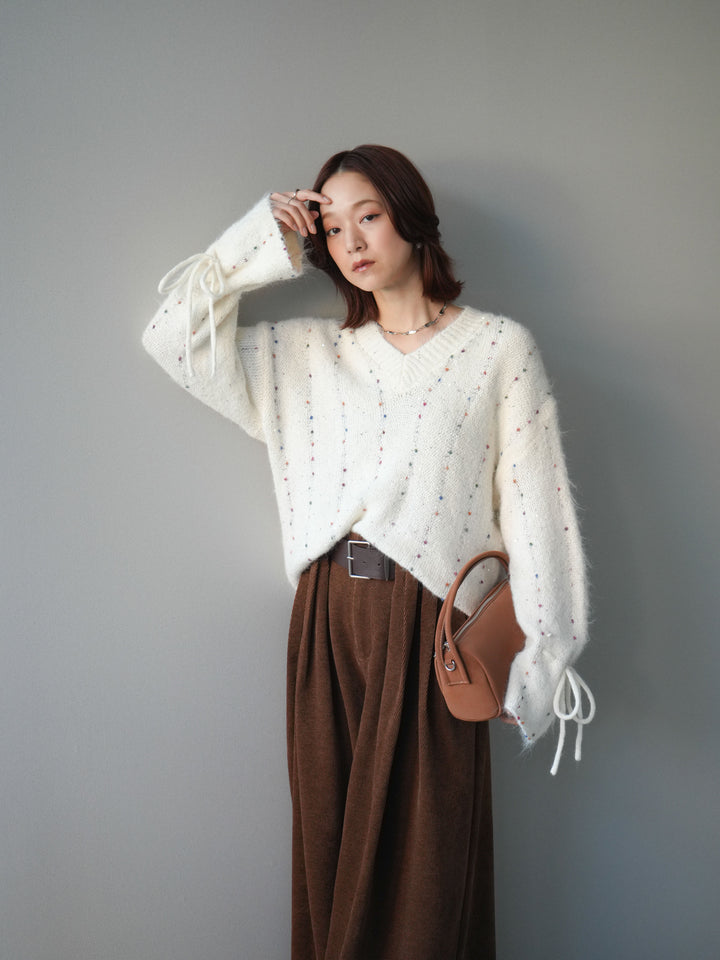 [SET]キャンディースリーブカラーネップスパンコールニットプルオーバー+ベルトデザインループコールテンワイドパンツ(ベルト付き)(2set)