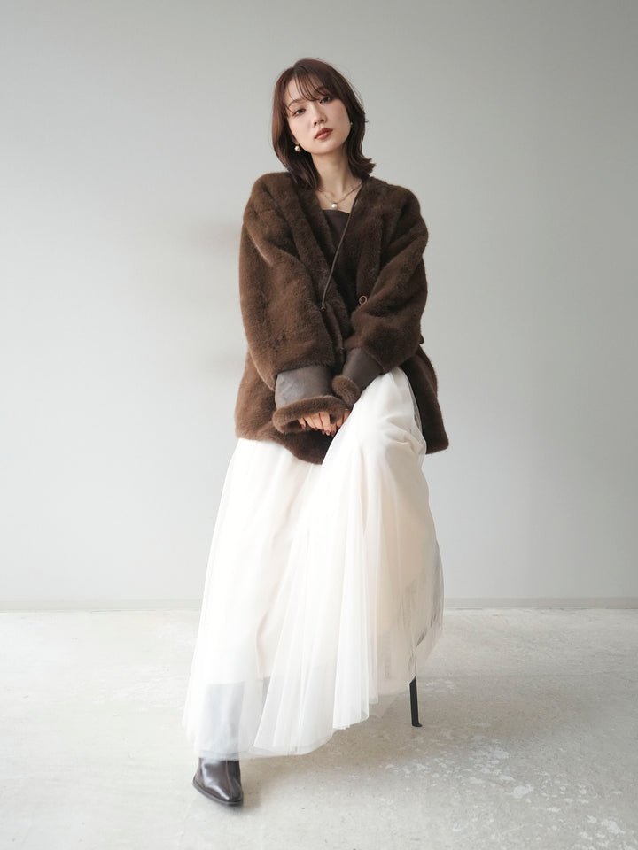 [SET]バッグ付エコファーノーカラーコート+チュールボリュームスカート(2set)