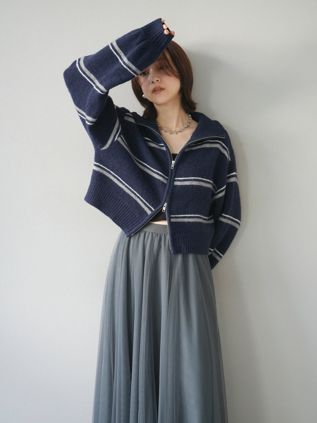 [予約]ボーダーZIPショートニットカーディガン/navy
