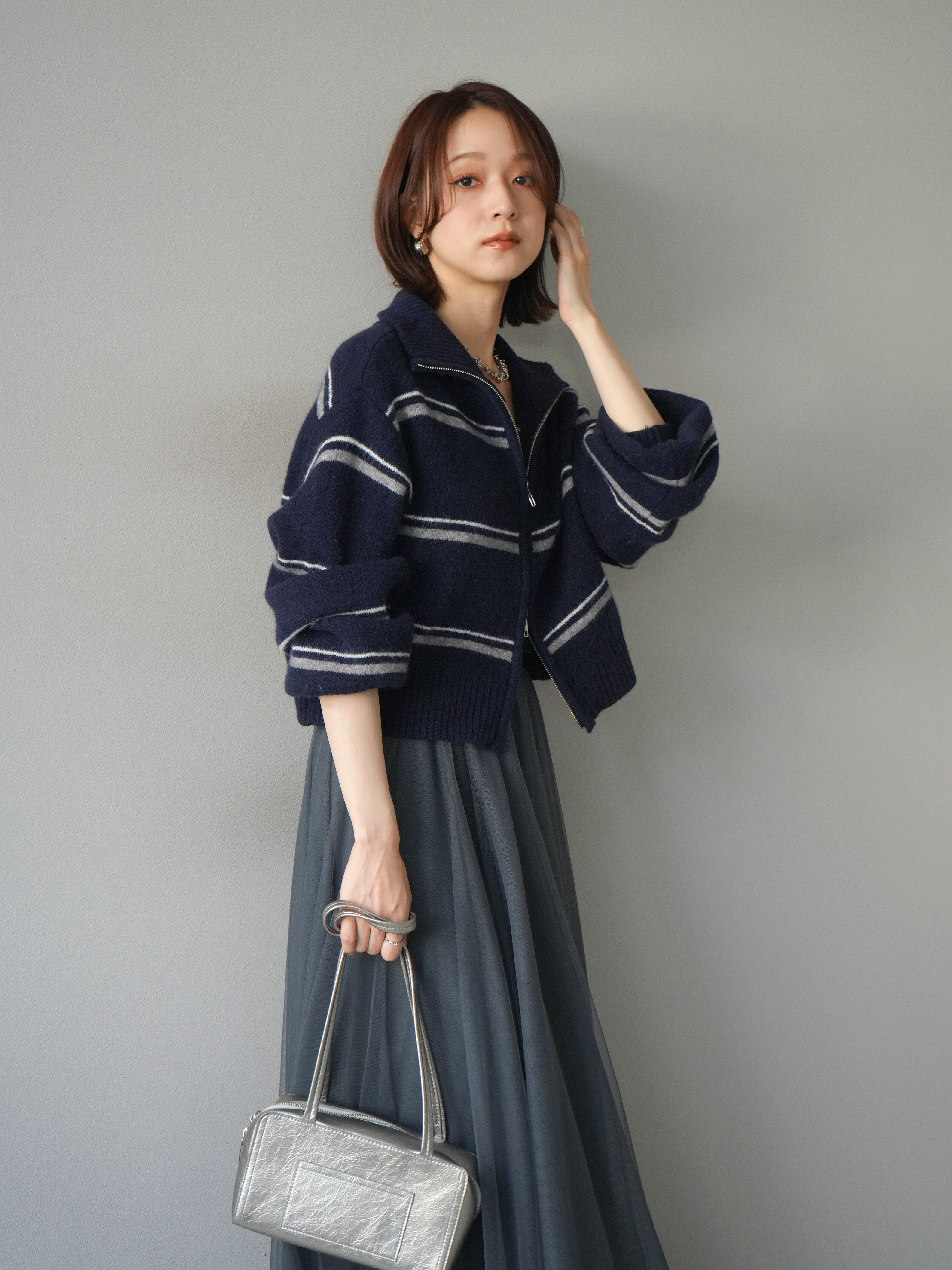 予約]ボーダーZIPショートニットカーディガン/navy – Lumier