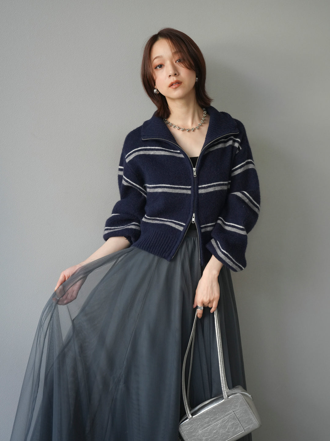 [予約]ボーダーZIPショートニットカーディガン/navy