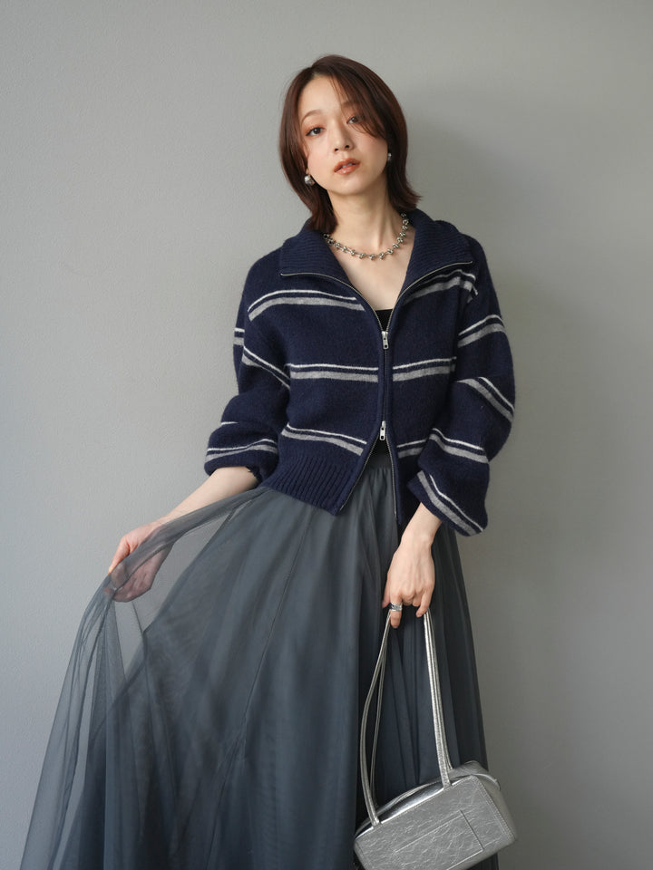 [予約]ボーダーZIPショートニットカーディガン/navy
