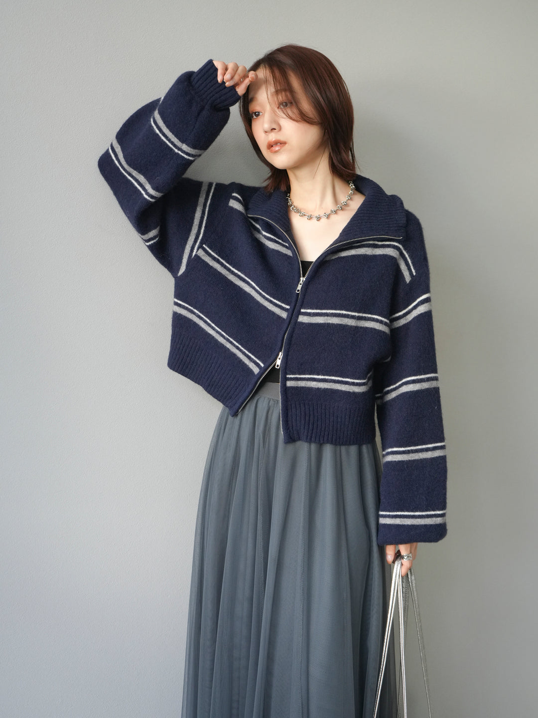 [予約]ボーダーZIPショートニットカーディガン/navy
