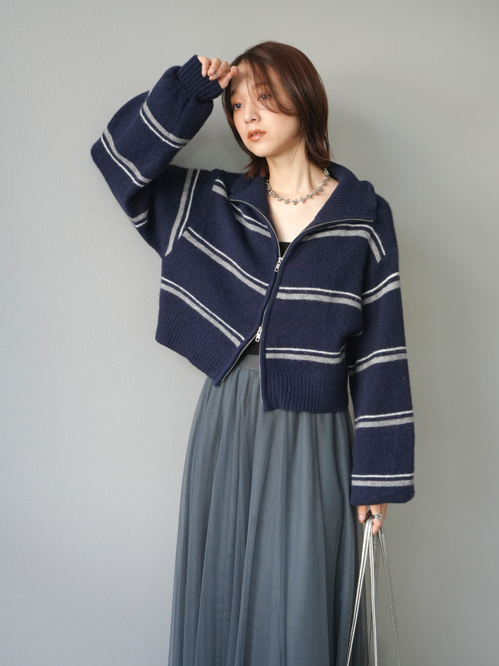 [予約]ボーダーZIPショートニットカーディガン/navy