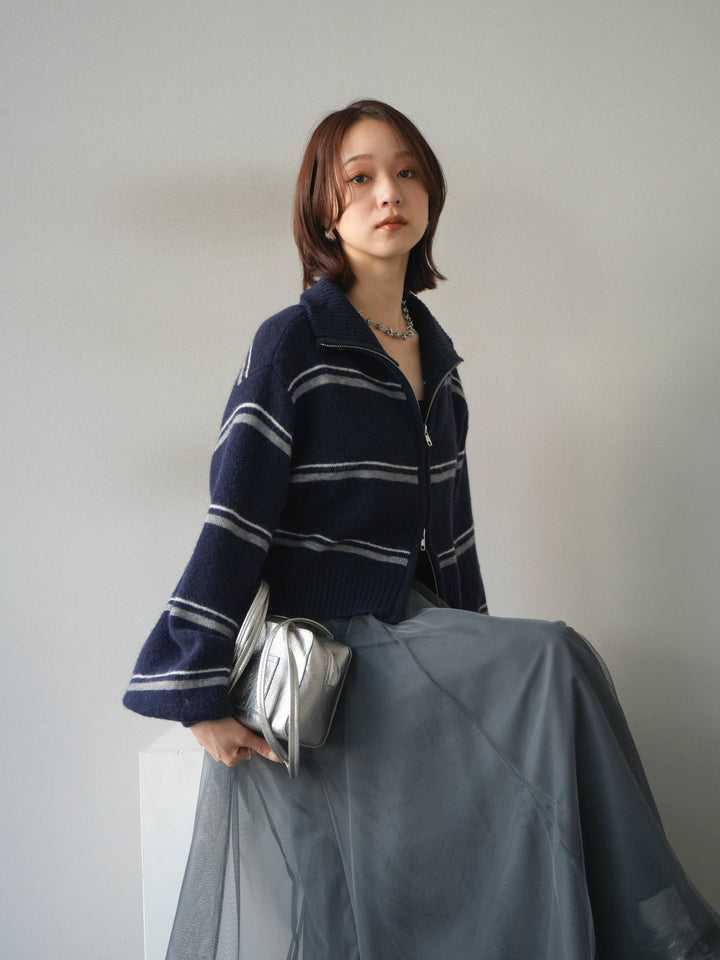 [予約]ボーダーZIPショートニットカーディガン/navy