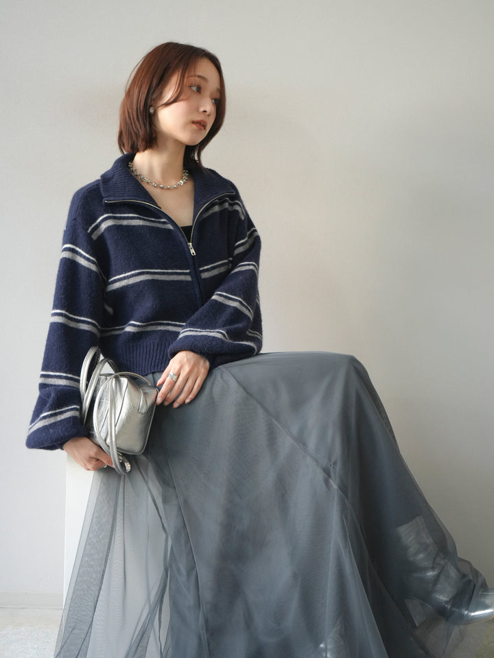 [予約]ボーダーZIPショートニットカーディガン/navy