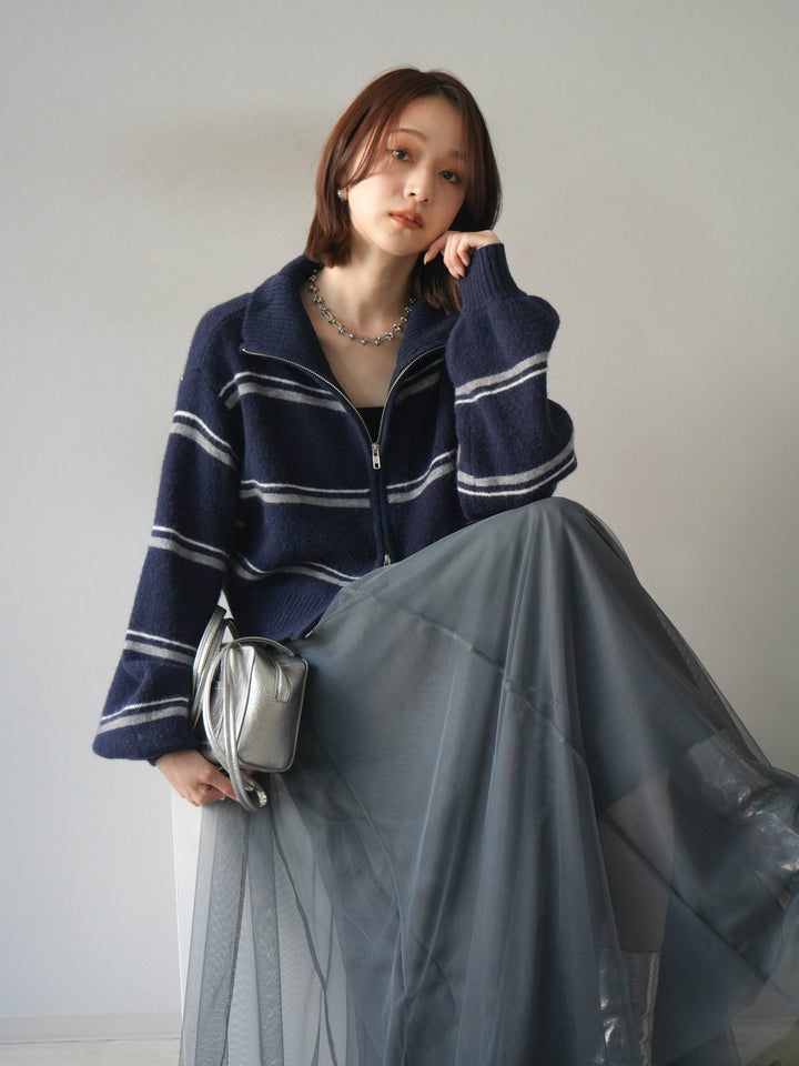 [予約]ボーダーZIPショートニットカーディガン/navy